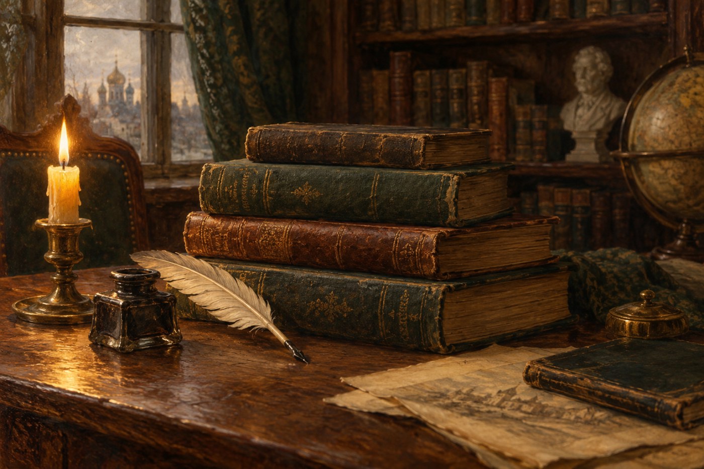 Стопка старинных книг, перо, чернильница и свеча, художественная иллюстрация